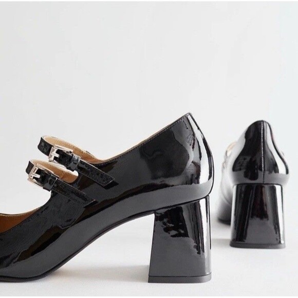 & Other Stories Patent Leather Mary Jane Black Pumps Size 41 US 10 Blocked Heel - Picture 2 of 11